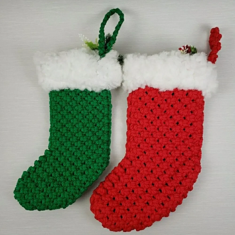 Macramé Christmas Stocking Red Green Handmade Holiday Plastic Pick MCM Vintage
